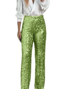 Sequin High-Waist Flare Leg Pull On Pants - Green